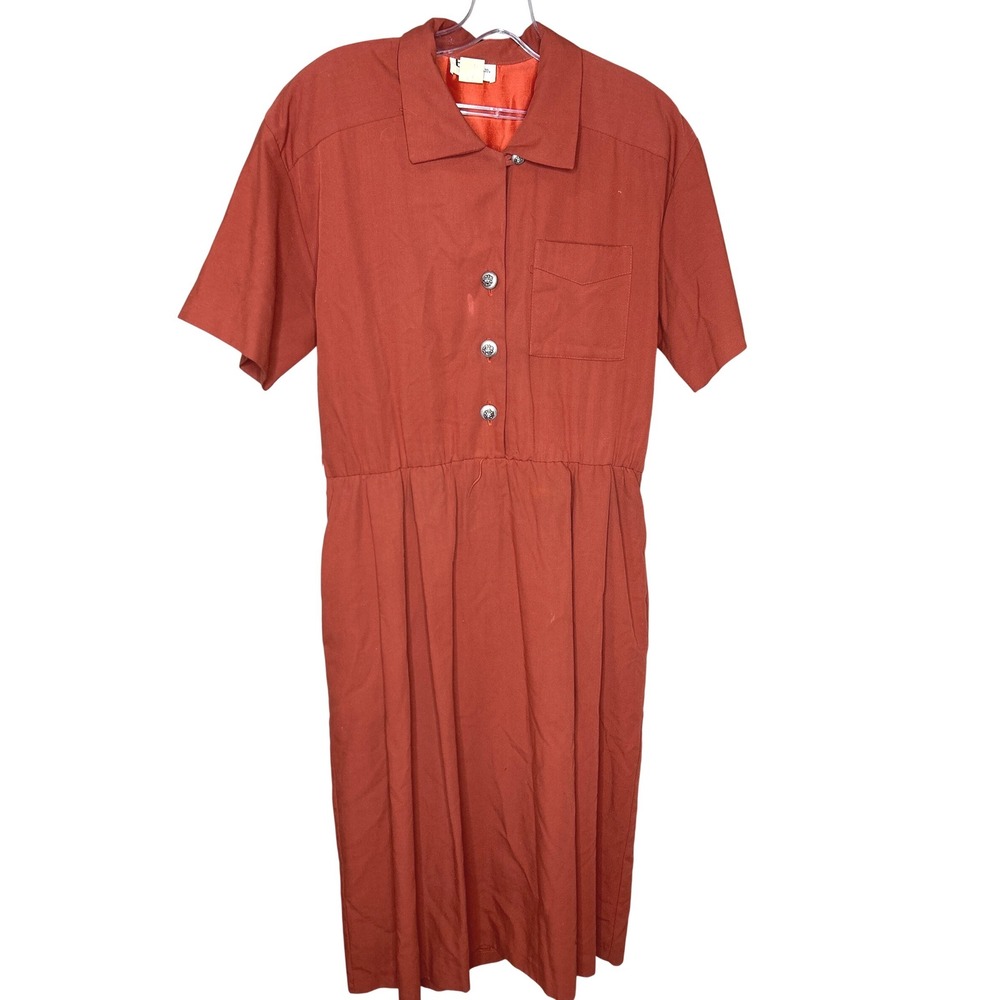 BGB LTD Petite VTG Sz 10 Brick Button‎ Up Short Sleeve Elastic Waist Midi Dress